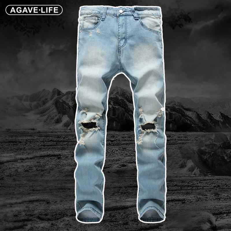 

Джинсы мужские зауженные Стрейчевые со средней талией, модные уличные штаны в Корейском стиле, штаны с большими дырками