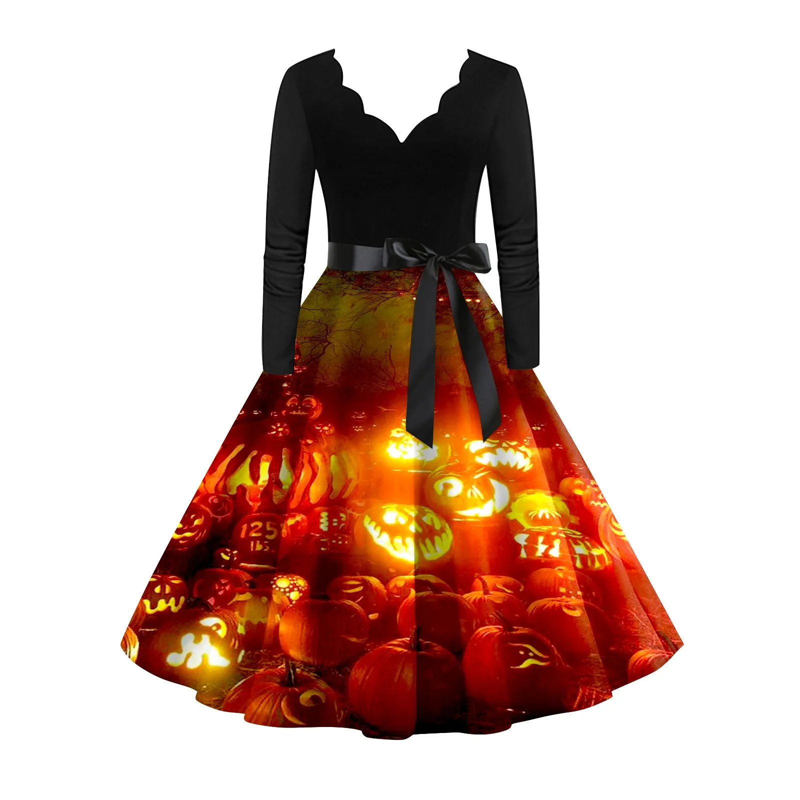 

Women'S Dress Skin-Friendly Halloween Pumpkin Head Printed V Neck Long Sleeve Vacation Fashionable Party Dress Sale Vestidos