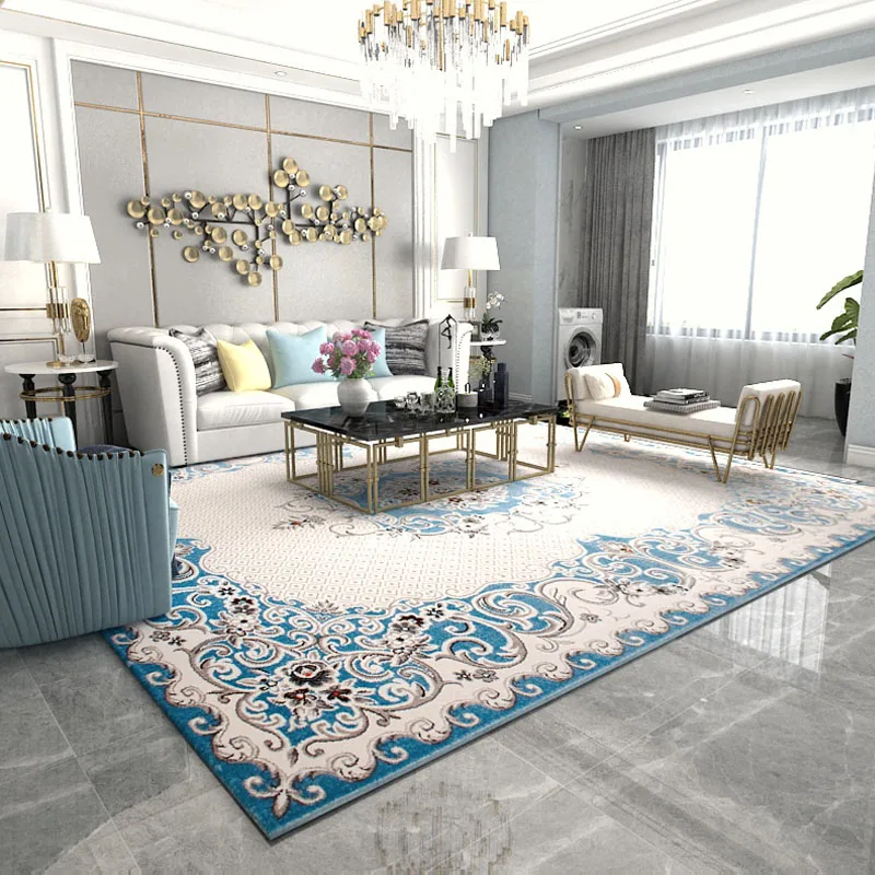 

Europe Light Luxury Blue Carpets Polypropylene Thick Living Room Rug Home Floor Carpet Bedroom Parlor Decor Mat Modern Large Rug