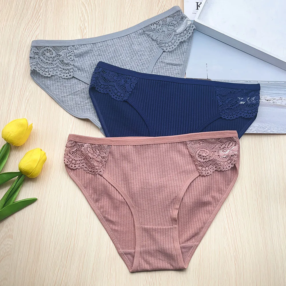 Moonflame 3 шт./компл. хлопковое нижнее белье в полоску женские кружевные трусики
