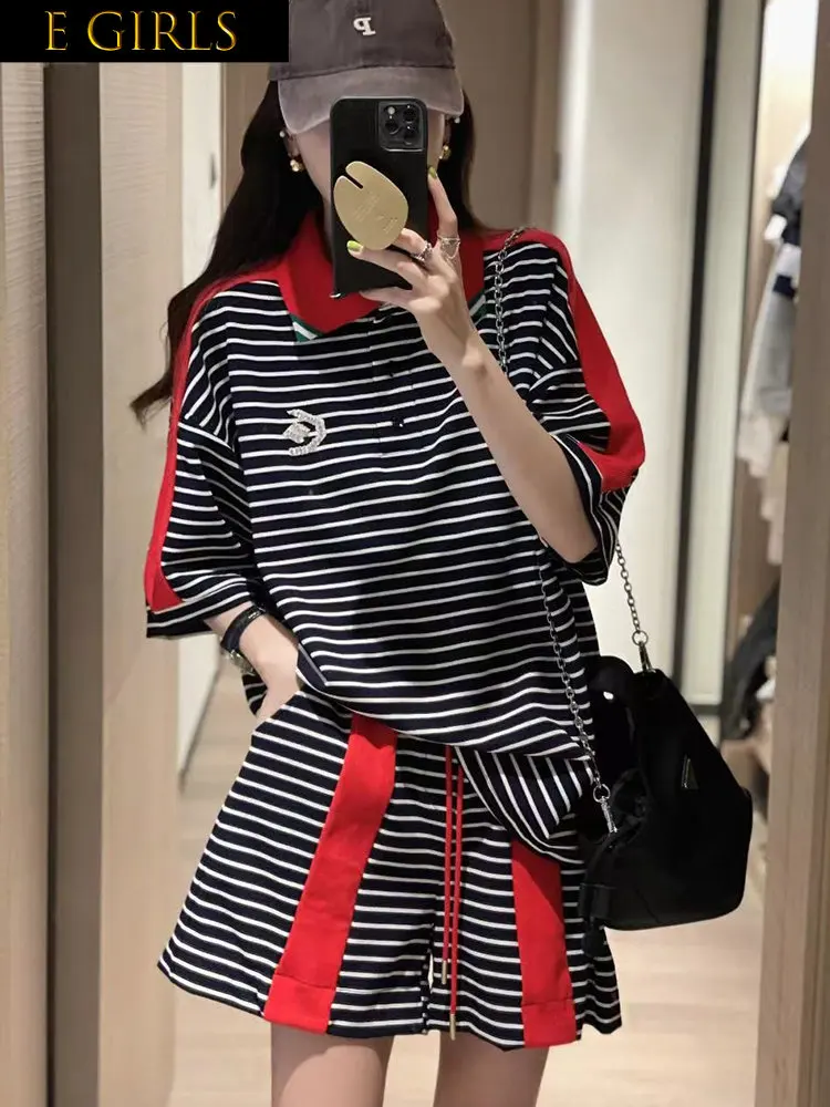 

E GIRLS Striped Casual Sports Suit Womens Short Sleeves 2 Piece Sets Women Outfit 2023 New Vintage Stitching Top Shorts Suits Y2