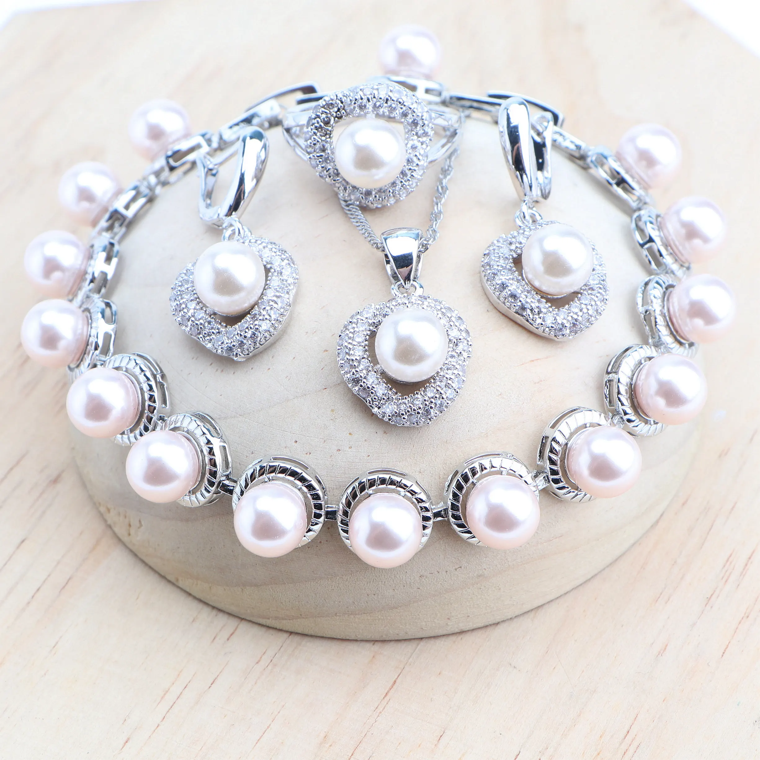 Natural Pearls Jewelry Sets 925 Silver Bridal Earrings Bracelets Rings Pendant Wedding Necklace Set Zircon Jewellery For Women