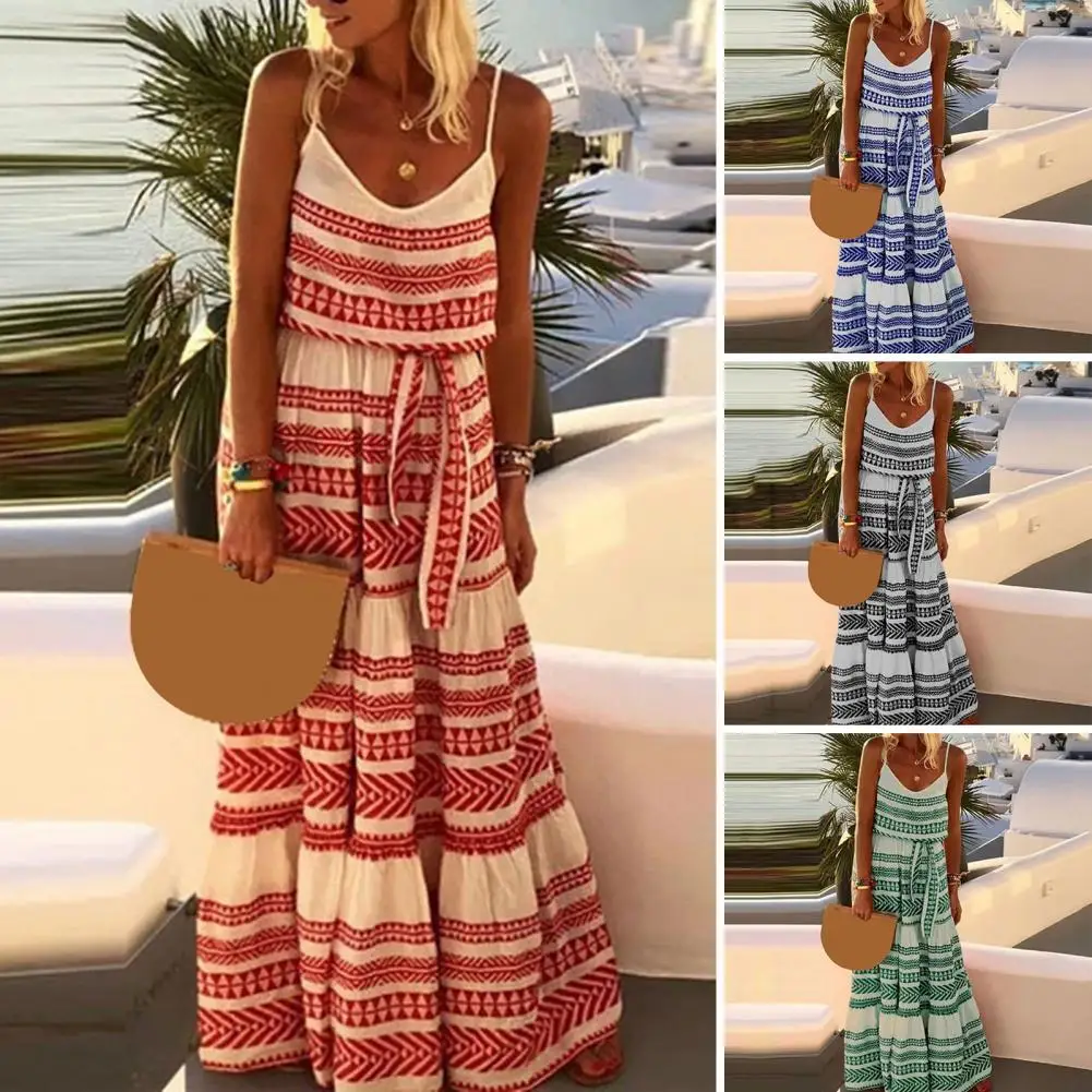 

Women Beach Dress Color Block Sleeveless Spaghetti Strap V Neck Low-cut Dress-up Loose Dress Bohemia Full Length Sling Dress