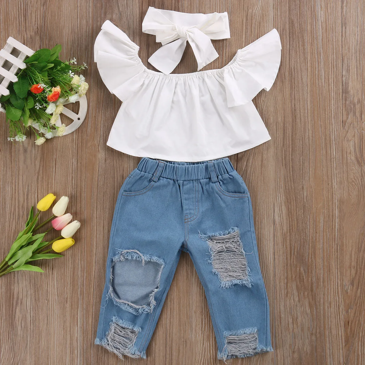 

Summer Kids Girls Off Shoulder 2Pcs Outfits Baby Casual Toddler Tops Ripped Denim Pants Jeans Clothing Set