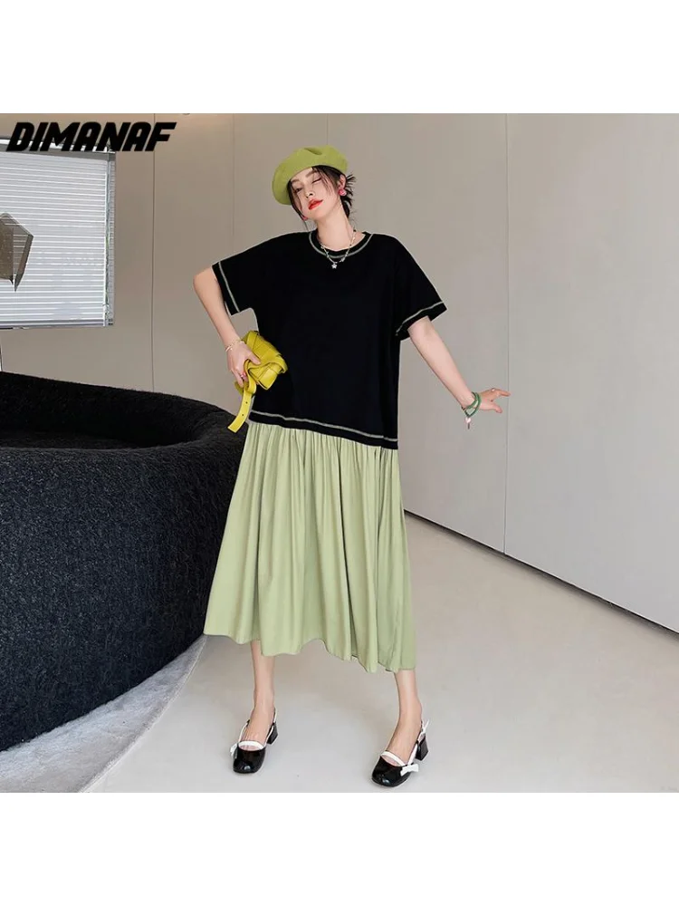 

DIMANAF Summer Plus Size Fashion Women Elegant Black Cotton Long Dress Spliced Pleated Loose Clothing