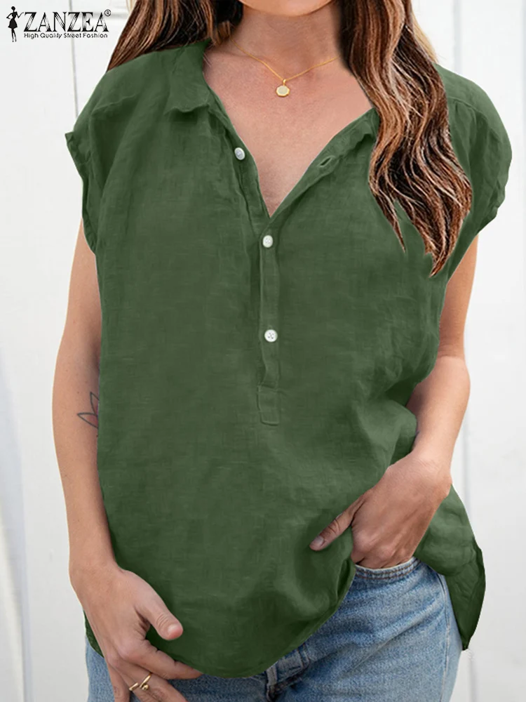 

ZANZEA Short Sleeve Lapel Pure Cotton Shirt Women Oversized Lapel Blouse Female Fashion Casual Elegant Loose Work OL Tops 2022