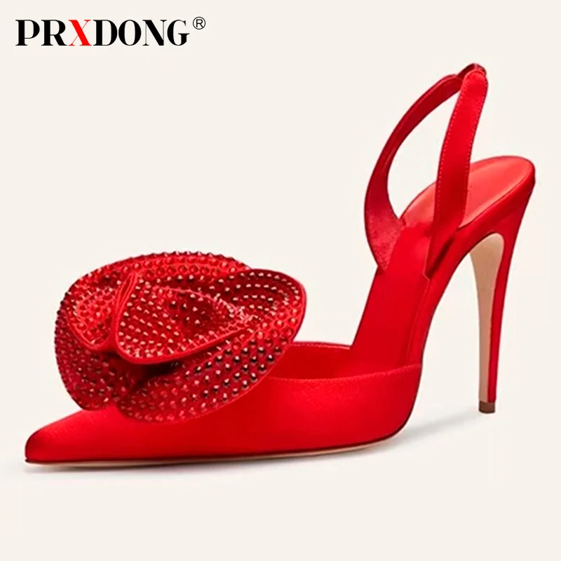 

Женские вечерние туфли-лодочки PRXDONG, черные или красные вечерние туфли-лодочки на высоком каблуке, с острым носком, украшенные стразами, бол...