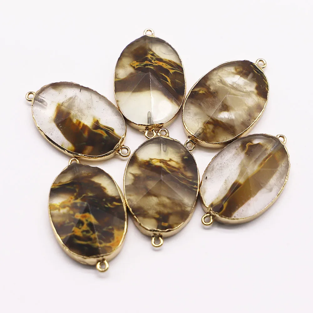 

Natural Stone Gold Plated Edge Watermelon Oval Rind Slice Pendants Connector Mineral Healing Necklace DIY Jewelry Wholesale 4Pcs