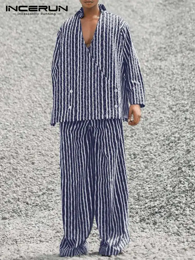 

INCERUN Fashion Men Sets Striped Print Streetwear Loose 2022 V Neck Long Sleeve Double Breasted Shirt & Pants Men Casual Suits