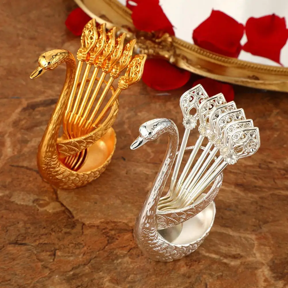 

Stainless Steel Creative Dinnerware Set Decorative Swan Base Spoon Holder with 6 Spoons for Coffee Fruit Dessert Stirring M L8I1