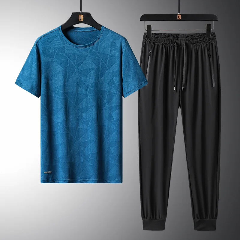 2023 Summer Men's Ice Silk Set Solid Color Round Neck Short Sleeve T-shirt+Pants Two Piece Set for Middle and Youth Sportswear