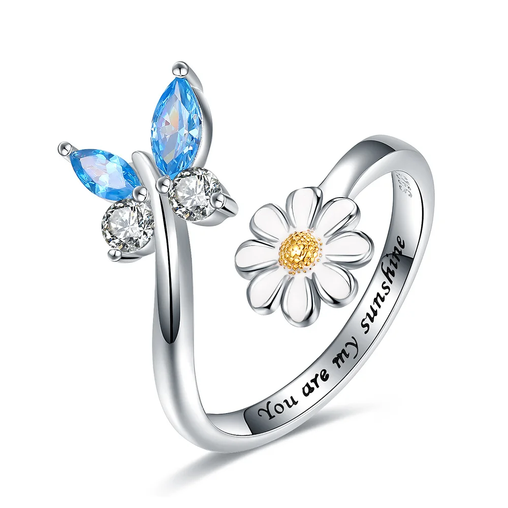 Женское кольцо с синей бабочкой открытое регулируемое из стерлингового серебра