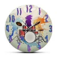 drummer inspired splash paint art printed wall clock for music studio drumset rock band decorative wall watch drum player gift
