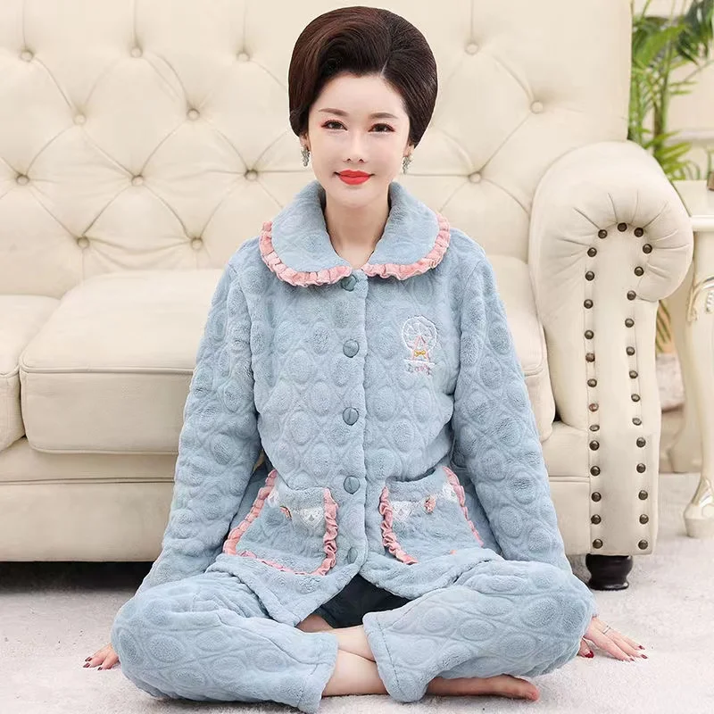 New Pajama Sets Women's Winter Flannel Pyjamas Thick Warm Coral Fleece Pijamas Female Home Clothes For Mom