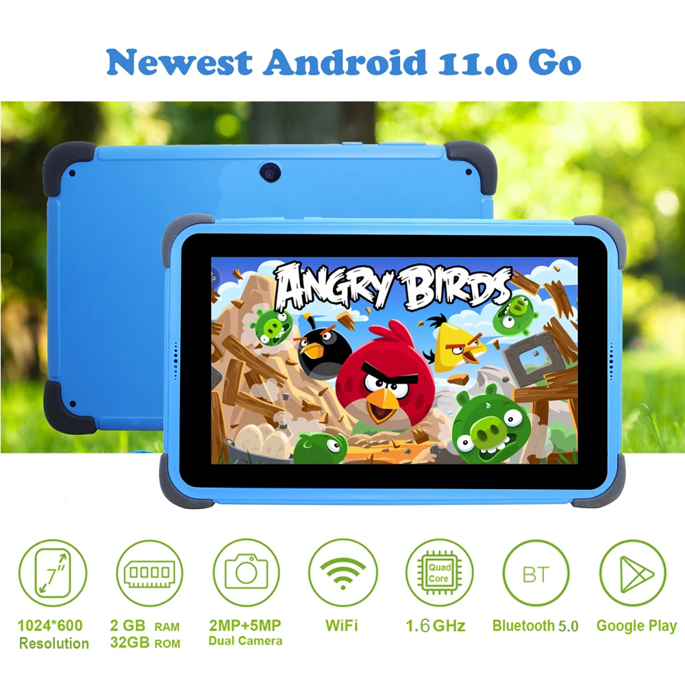 Синий 7 дюймов HD IPS Детские планшеты Android 11 WIFI 6 Quad Core 2GB 32GB 3000mAh G-сенсор Обучающие