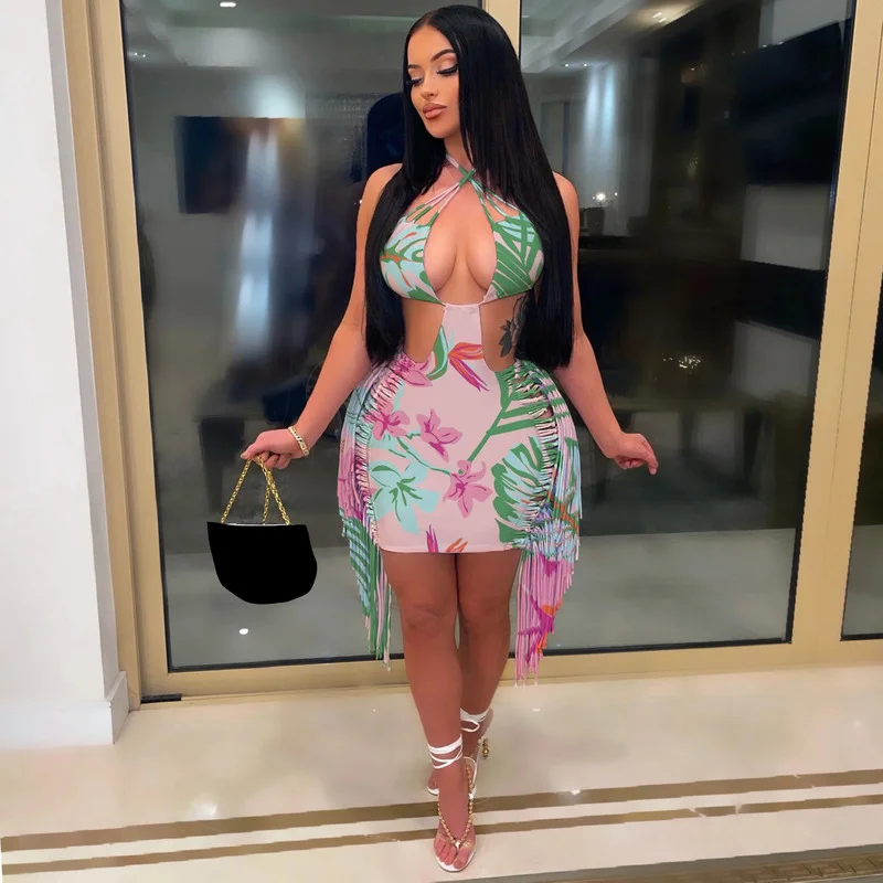 

WUHE Print Halter Neck Cut-Out Fringed Mini Dresses New Fashion Backless Leaves Print Bodycon Party Club Dress Beach Wear
