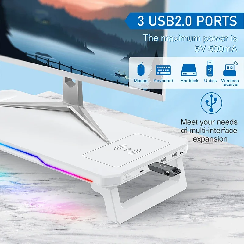 Фото Перезаряжаемая подставка для настольного монитора с эффектом RGB, 3 порта USB 2.0, универсальная стойка для хранения ноутбука с беспроводной зарядкой №5