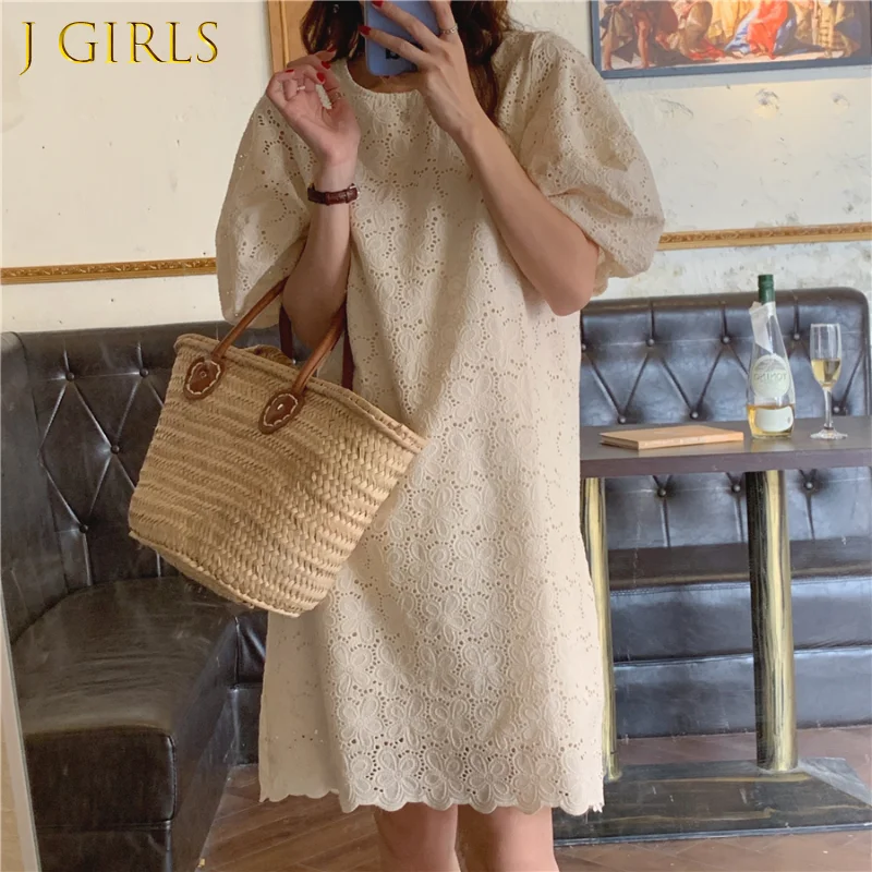 

J GIRLS Korean Summer Puff Sleeve Dress Women Vintage Lace Hollow Out Loose Slim O-neck Short Sleeve Casual Ladies Dresses