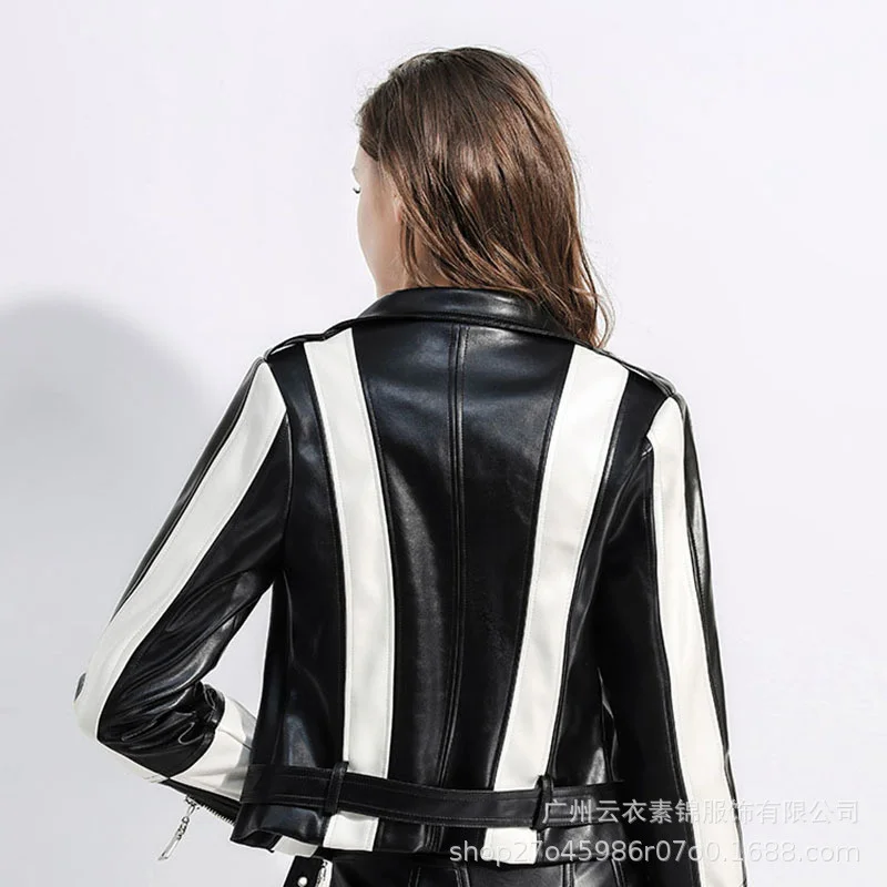 New Black And White Striped Women'S Leather Coat In Spring And Autumn, Short Style, Personality , Motorcycle Suit, Slim And enlarge