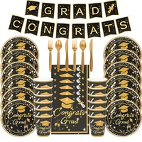 black gold disposable tableware for graduation party decoration congrats grad paper plates cups banner graduation theme supplies