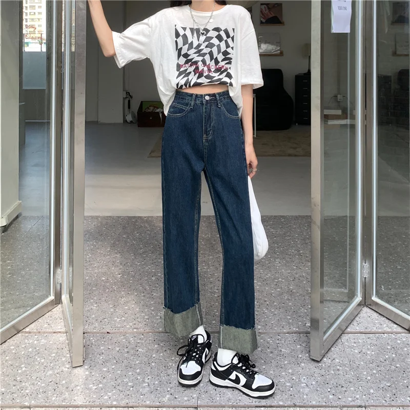 

Chic High Waist Wide Leg Edgefold Jeans For Women Spring Summer Casual Streetwear Loose Jeans Lady Ankle Length Denim Pants