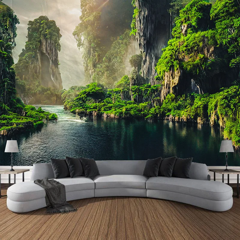 

Лесные деревья, водопад, природный пейзаж, принт, гобелен, домашний декор для гостиной, стены, фон, ткань