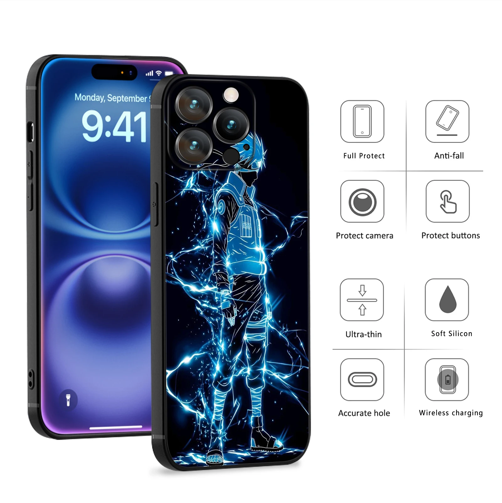 MINISO чехол для iPhone 16 Pro Max аниме Какаси Hokage Raikiri мягкий силиконовый 15 14 13 12 11 Plus