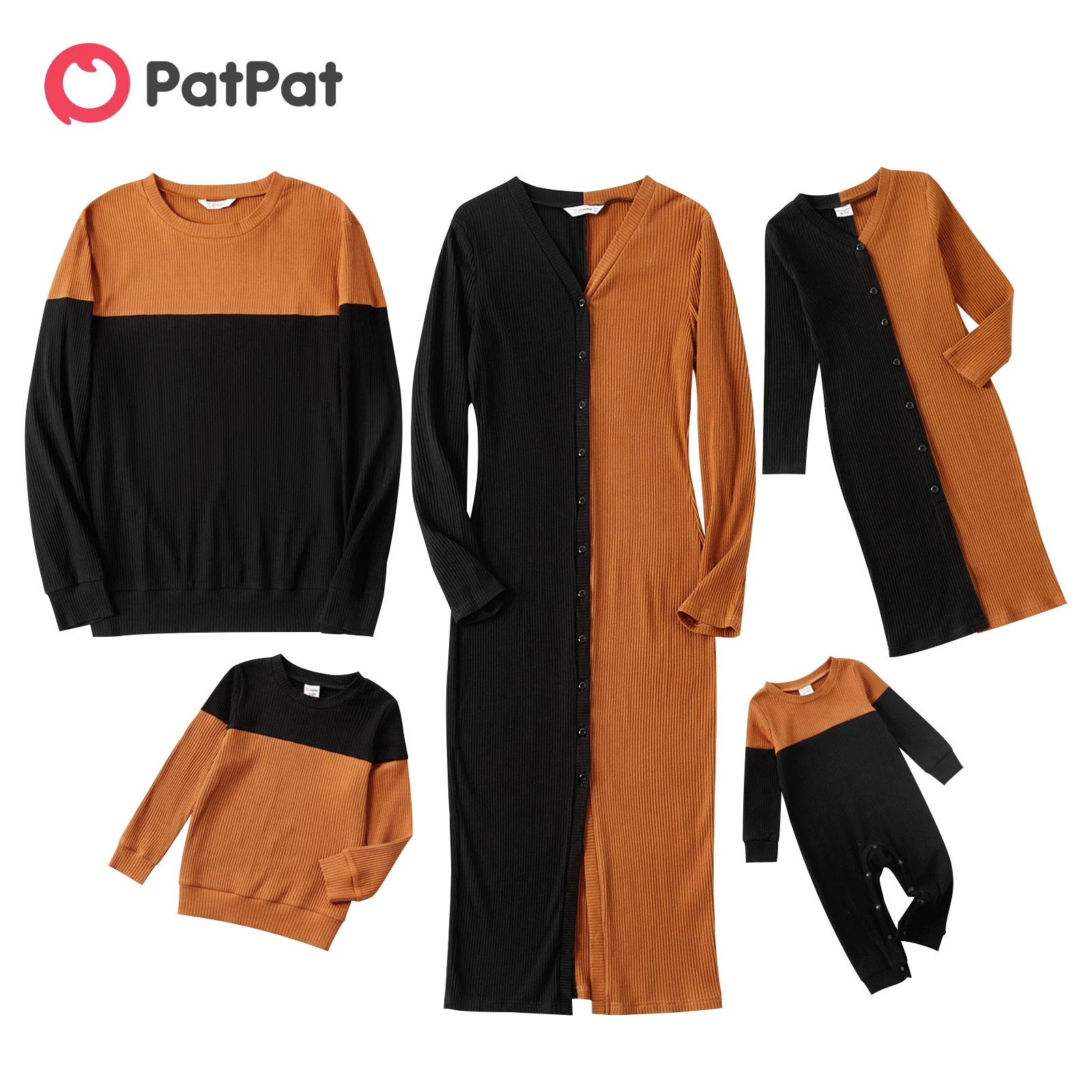 

PatPat Family Matching Outfits Colorblock Rib Knit Long-sleeve Button Front Split Bodycon Dresses and Tops Family Costume Sets