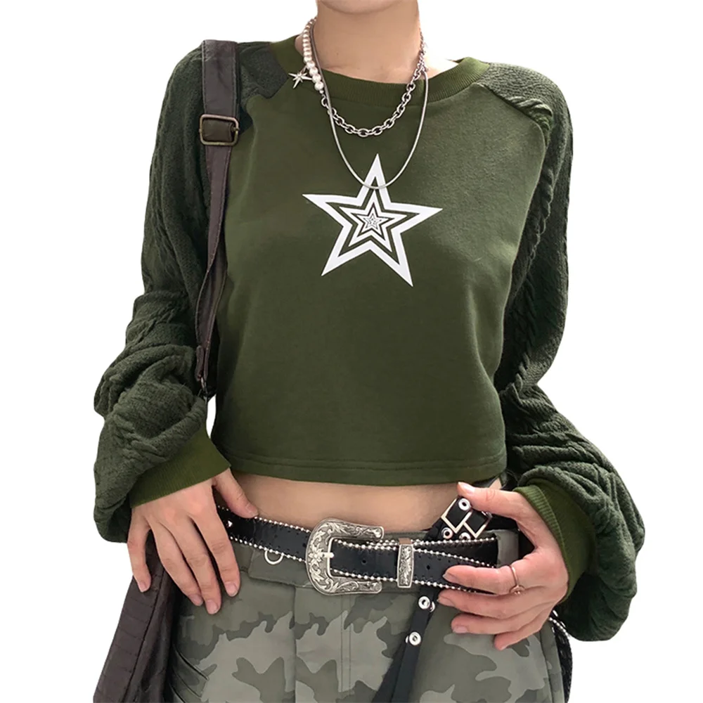 

hirigin Women's Y2K Spring Autumn Casual Pullover Green O-Neck Long Sleeve Star Print Short Sweatshirt 00s Y2K Clothes