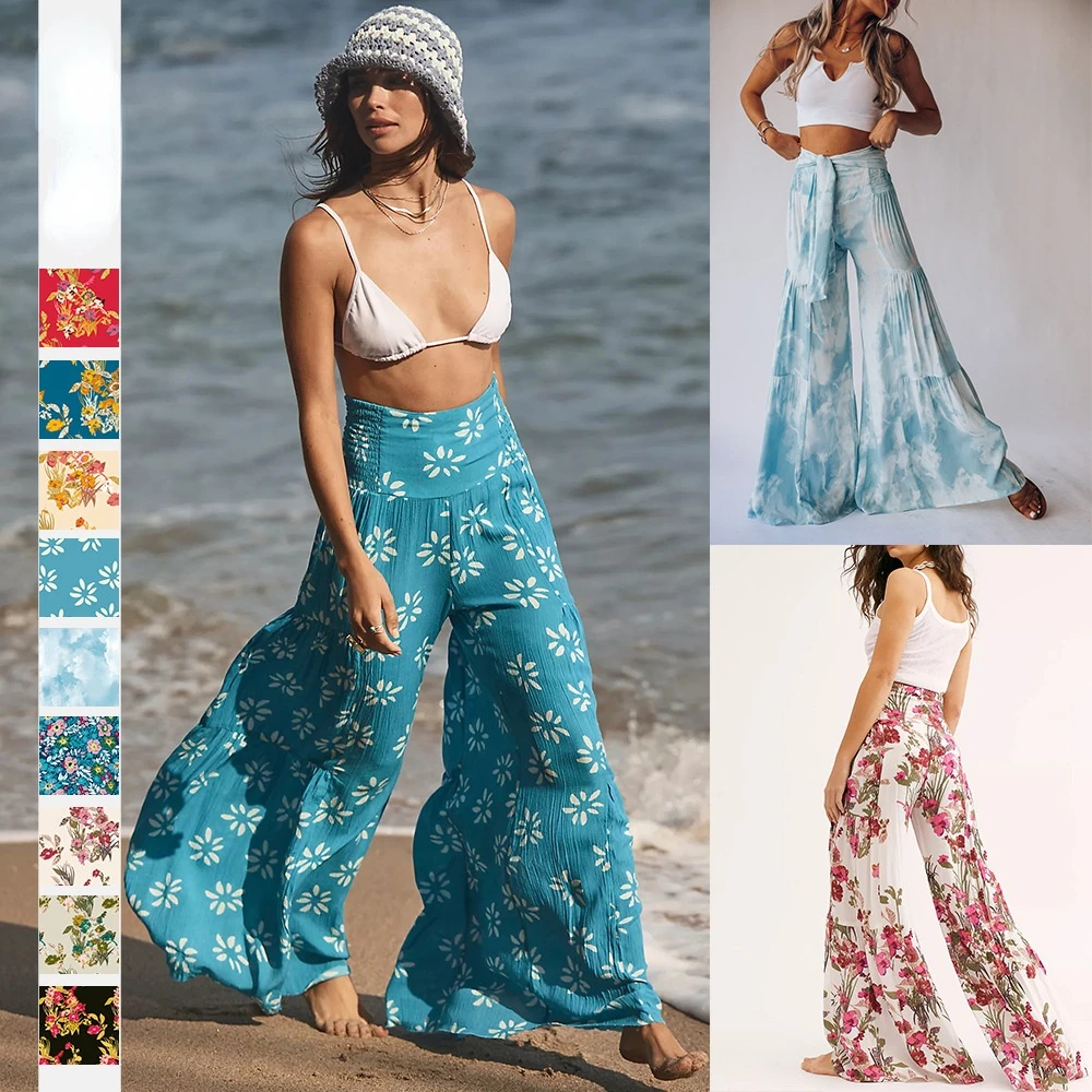 

Woman Wide Belt Pant Floral Printed High Waist Bandage Fold Loose Wide Leg trousers S-XL