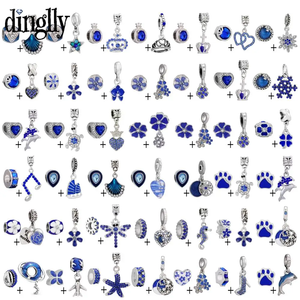 

Dinglly 2pcs/lot Blue Rhinestones Beads Flower Charm Fit Diy Bracelet & Necklace Waves Sailboat Crown Pendant Jewelry Accessory