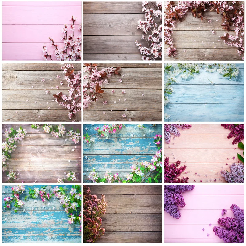 

SHUOZHIKE Art Fabric Flowering Branch On Wooden Background Blossoming Wood Planks Photography Backdrops Photo Studio Props YXX-7