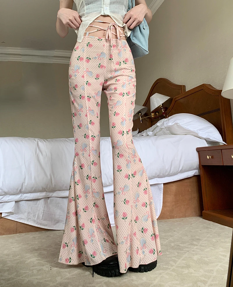 

Women's Vintage Floral Print Lace Up High Waisted Casual Trousers Summer New Fashion Chic Female Straight Tube Thin Flared Pants