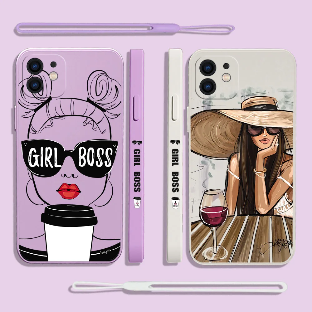 

Art Fashion Graffiti Coffee Girl Phone Case For iPhone 14 13 12 11 Pro Max Mini X XR XS SE 2020 8 7 Plus 6 6S Plus With Lanyard