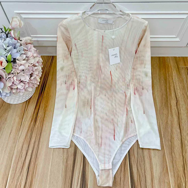 

22 Summer Printing Long Sleeve Bodysuit Women Sexy Beach Bodysuits Letters Pattern Crew Neck Mesh Fabric Buckle Skinny Bodysuits