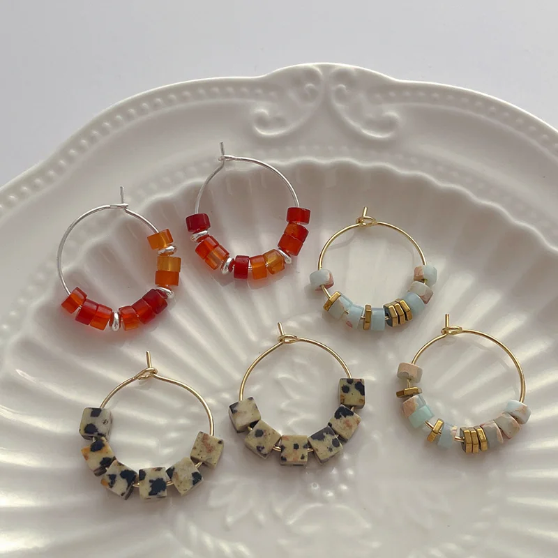 

Minar Handmade Multicolor Natural Stone Beads Strand Hoop Earrings for Women Leopard Big Earring Statement Party Beach Jewelry