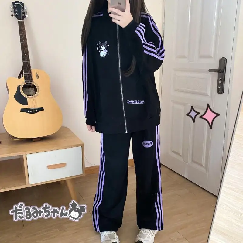 

Sanrioed Kuromi Cartoon Kawaii Japanese Style Sweet Original Daily Age Reduction Long Sleeves Autumn Leisure Sportswear Suit