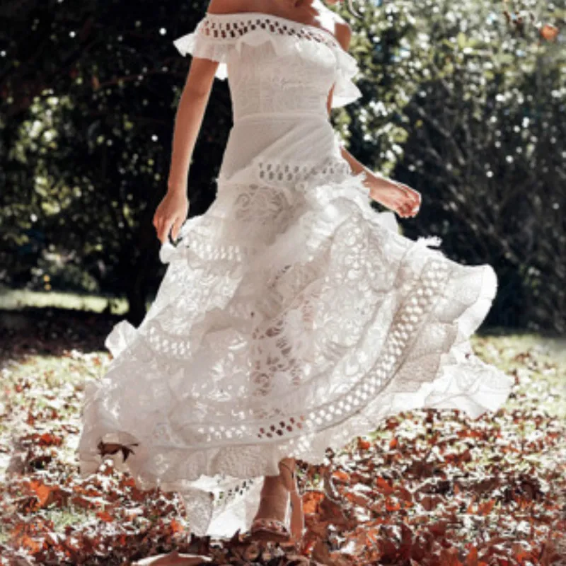 

Women's Long Dress Vintage Elegant White Lace Dress Off Shoulder Lotus Leaf Hollow Summer Retro Party Big Loose Swing Dresses