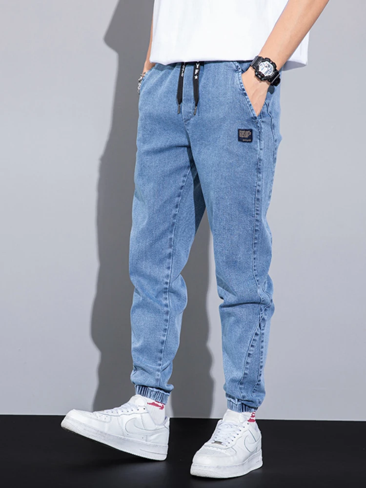 2022 Spring Summer Loose Men's Jeans Text Embroidery Baggy Elastic Waist Harlan Cargo Jogger Trousers Male Grey Large Size M-8XL