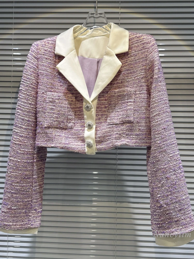 

Женское твидовое короткое пальто, фиолетовое или Желтое Пальто с воротником-стойкой и пряжкой, осень 2023