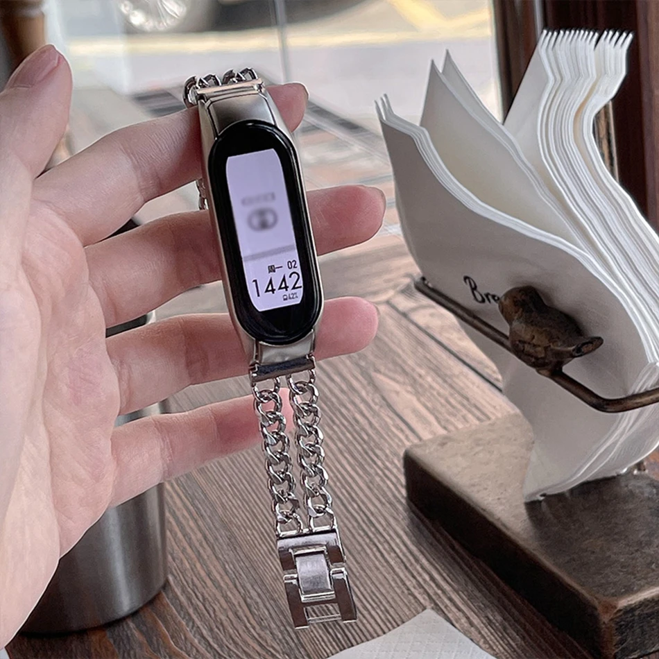 

For Xiaomi Mi Band 8 7 6 5 Strap Fashion INS Metal Dual Chain Bracelet Miband 8 4 3 Stainless Steel Replacement Wristband Correa