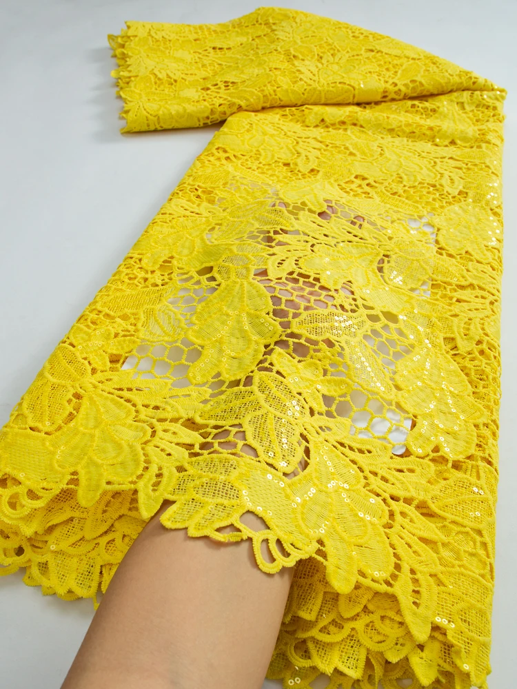 

Yellow African Water Soluble Fabric 2.5Yards 2023 Sequin French Nigerian Guipure Cord Lace For Women Dress Wedding Party TY3242