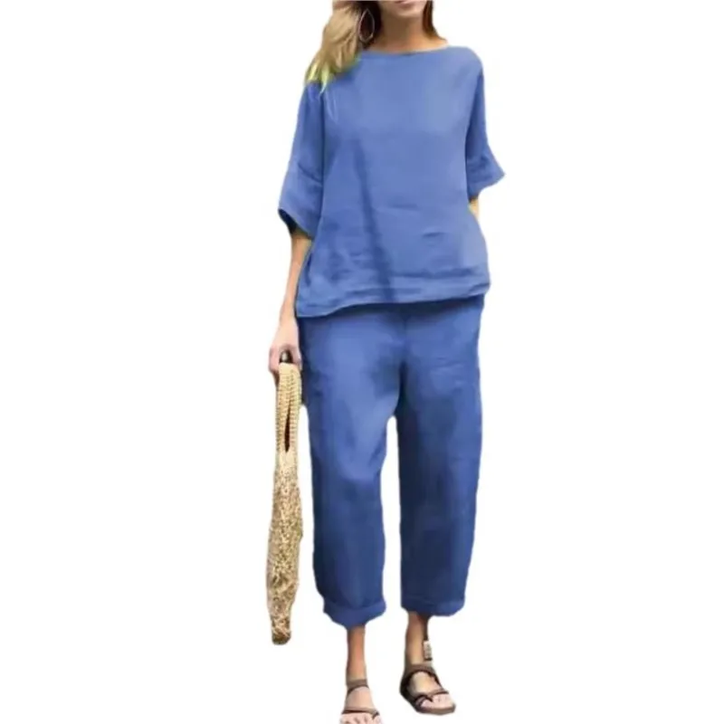 Весенне-осенний хлопковый льняной костюм с рукавом семь четвертей женская