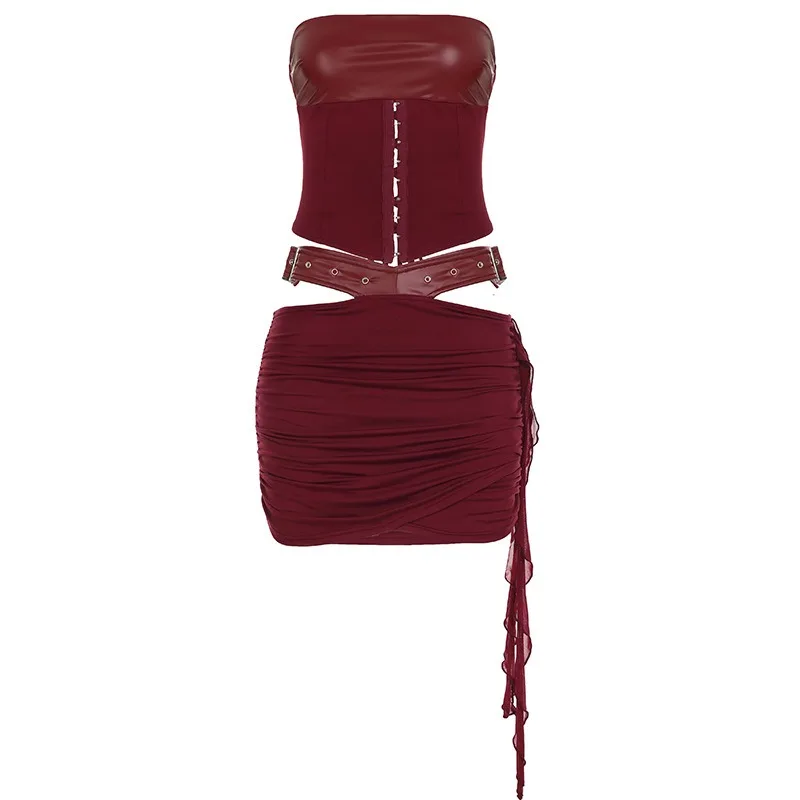 Tuularose Винтажная кожаная юбка из двух предметов Женский сексуальный топ без