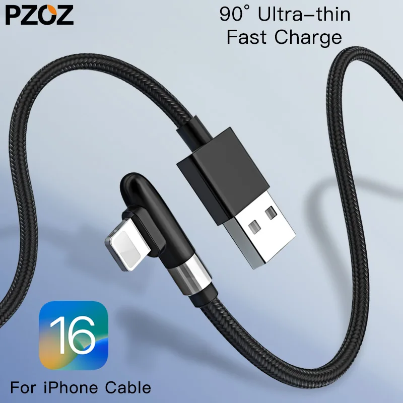 Фото PZOZ 3A Кабель 90 градусов для iPhone 14 13 12 11 Pro Max Xs Xr X 8 6 Plus 5 5S SE iPad Кабель для быстрой зарядки Зарядное устройство Провод Кабель №2
