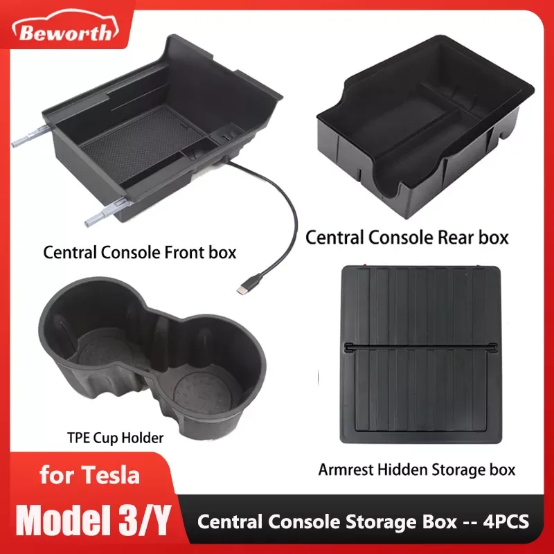 

Central Console Storage Box For Tesla Model 3 Y 2022 Hidden PD USB Ports Spring Storage Organizers Phone Holders Car Accessories
