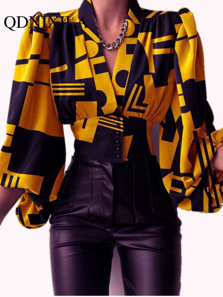 Женская рубашка с V-образным вырезом длинным рукавом-фонариком |