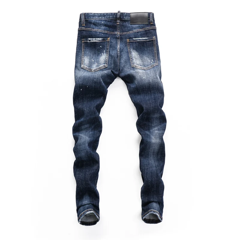 High Street Fashion Men Jeans Retro Blue Elastic Slim Fit Printed Ripped Jeans Men Brand Designer Hip Hop Denim Pants Hombre