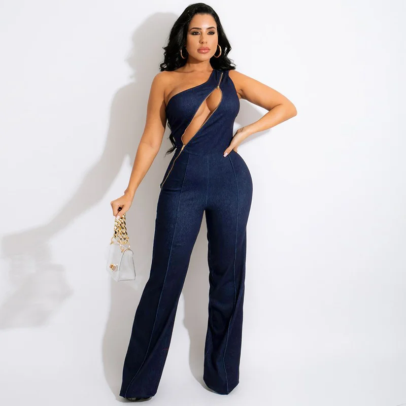 

Женский комбинезон на одно плечо, с широкими штанинами, на молнии