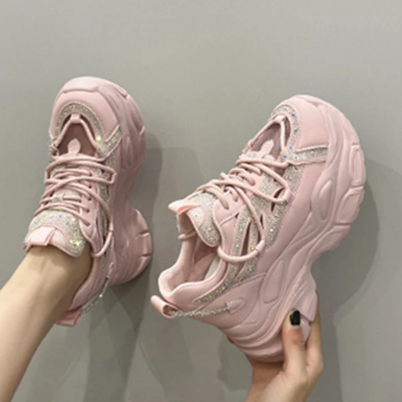 8CM Air Mesh Women Summer Rhinestones Shoe Platform Sneakers Soft Sole Chunky Heel Women Fashion Breathable Sneakers Woman Shoes